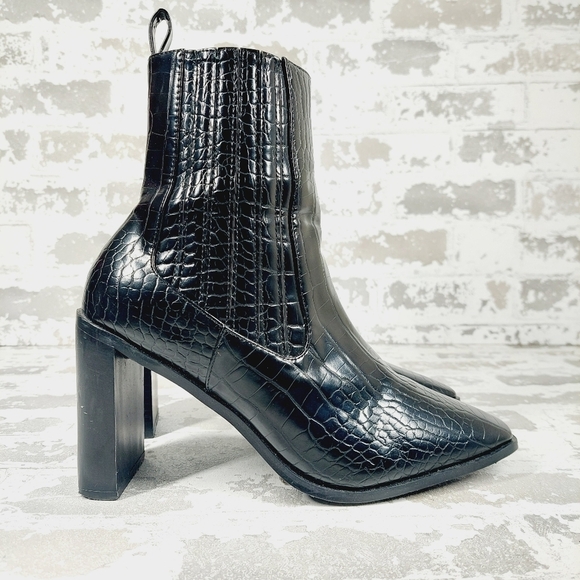 Nasty Gal Black Leather Suede Square Toe Block High Heels Ankle Boots B627 - Picture 5 of 13